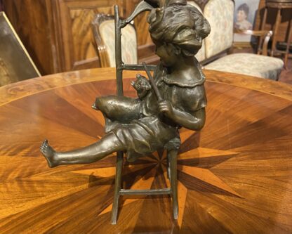 Figura in bronzo, Bambina con gatto, Firmato Iffland - immagine 3