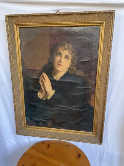 Oliografia ad olio su tela - giovane ragazza in posa angelica con le mani giunte - immagine 5