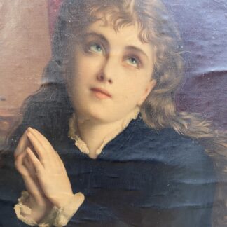 Oliografia ad olio su tela - giovane ragazza in posa angelica con le mani giunte
