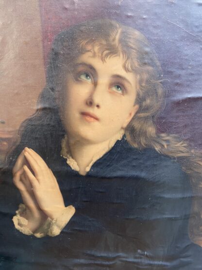 Oliografia ad olio su tela - giovane ragazza in posa angelica con le mani giunte