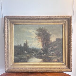 Dipinto antico francese a olio su tela "Tramonto" Paesaggio firmato e datato 1894