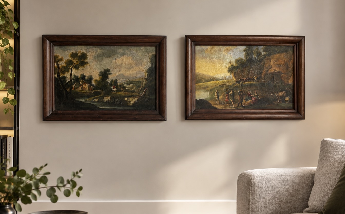Coppia di dipinti del XVIII secolo - Scuola Romana - Paesaggi arcadici animati con figure e armenti