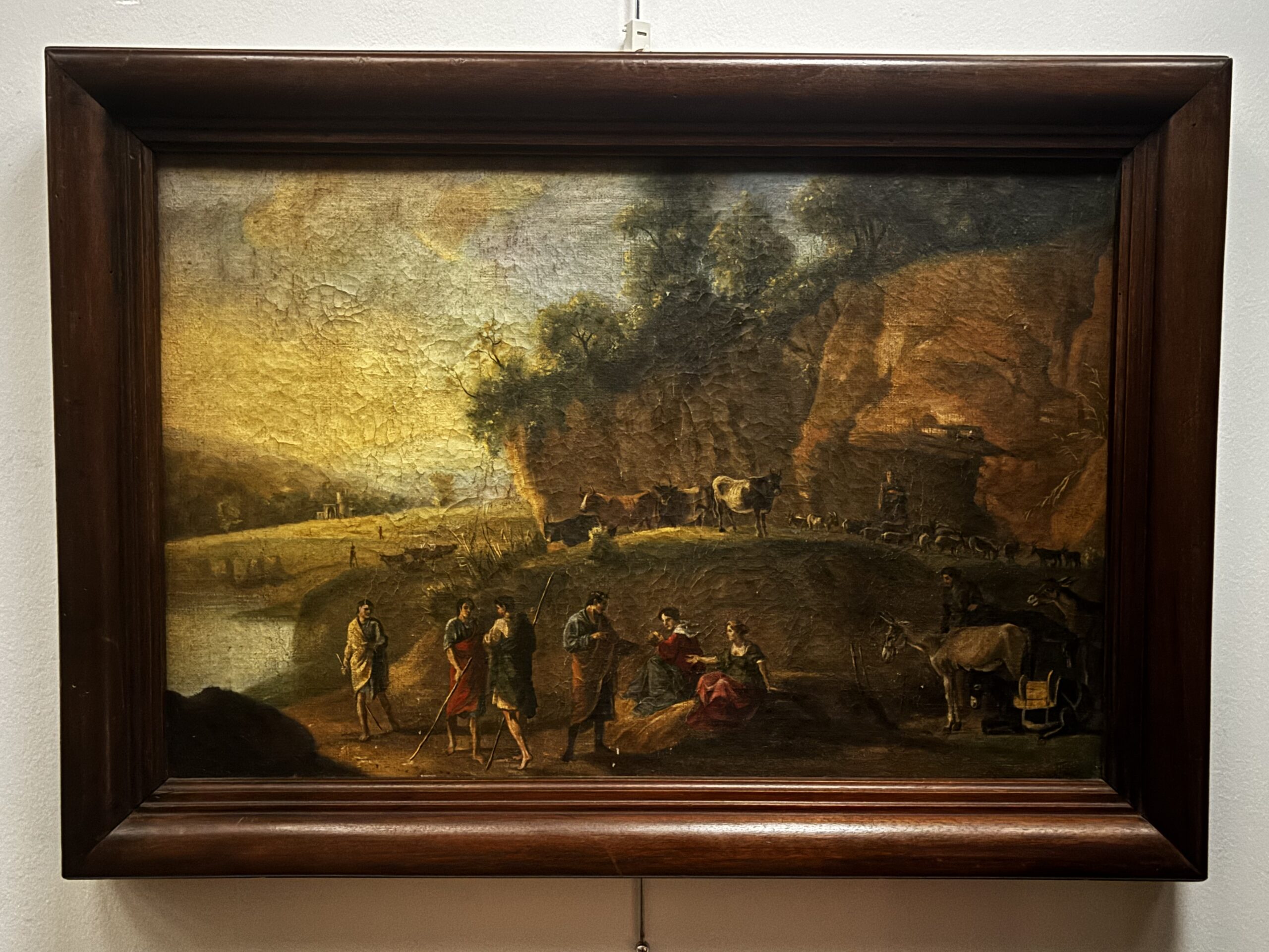 Coppia di dipinti del XVIII secolo - Scuola Romana - Paesaggi arcadici animati con figure e armenti - immagine 8